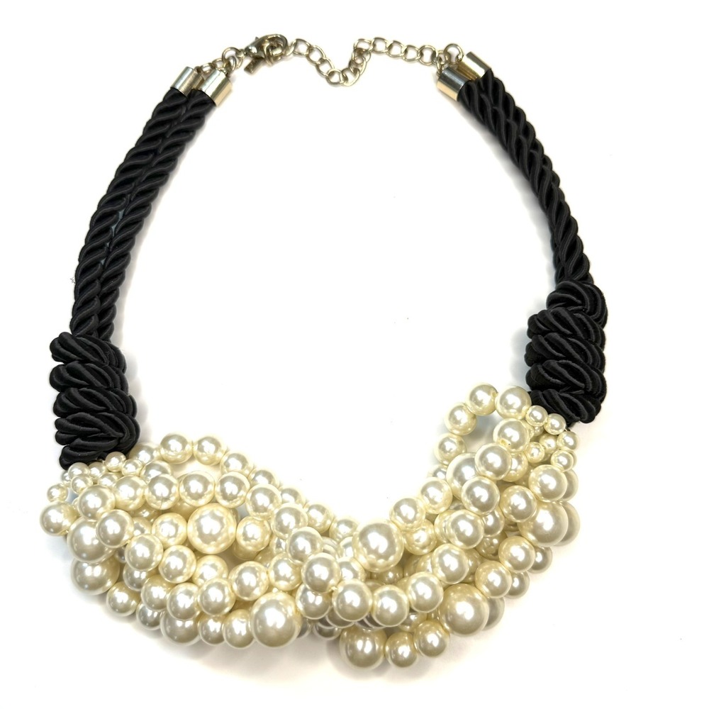 Vtg‎ 60s To 70s Layered Statement Necklace Faux Pearl Black Knot Rope Bib Event